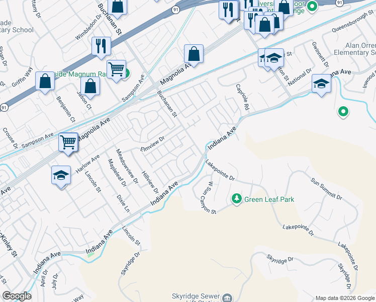 map of restaurants, bars, coffee shops, grocery stores, and more near 3500 Village Garden Mobile Home Park in Riverside