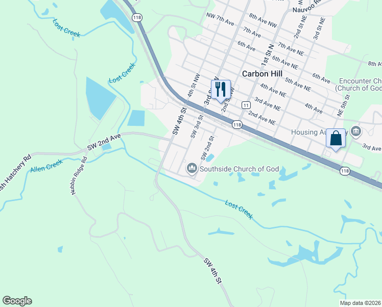 map of restaurants, bars, coffee shops, grocery stores, and more near 2nd Avenue Southwest in Carbon Hill
