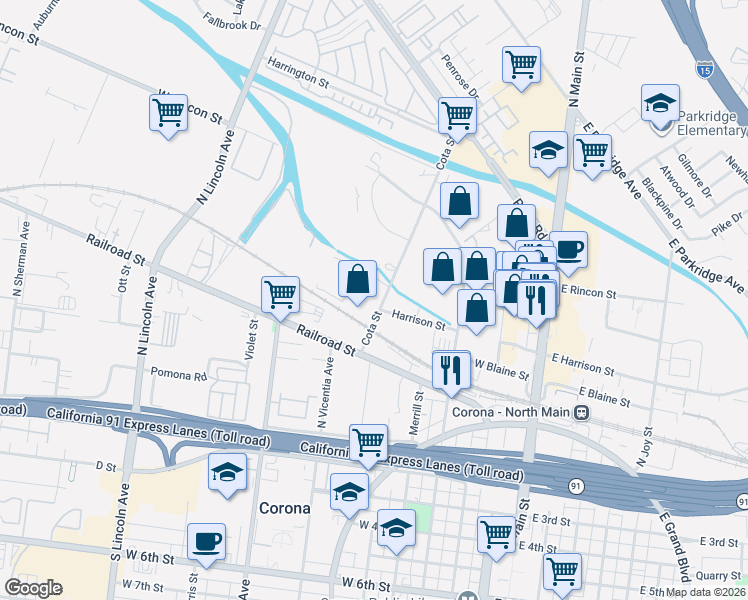 map of restaurants, bars, coffee shops, grocery stores, and more near North Cota Street in Corona