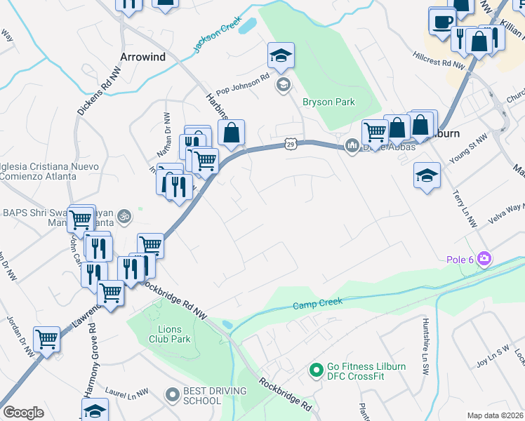 map of restaurants, bars, coffee shops, grocery stores, and more near 266 Harbins Road Northwest in Lilburn