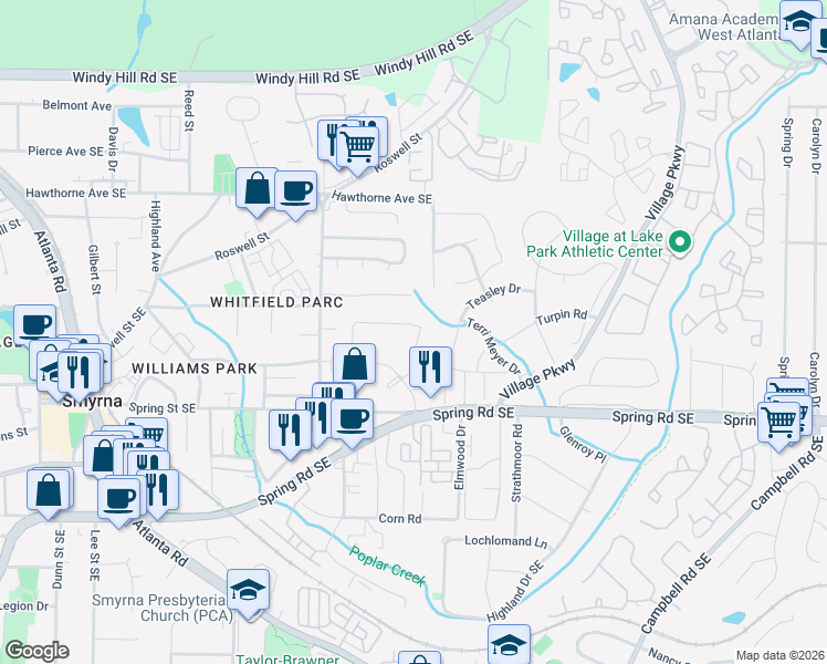 map of restaurants, bars, coffee shops, grocery stores, and more near 2742 Mildred Place in Smyrna
