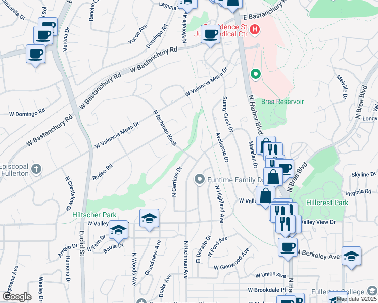map of restaurants, bars, coffee shops, grocery stores, and more near 1017 North Richman Knoll in Fullerton