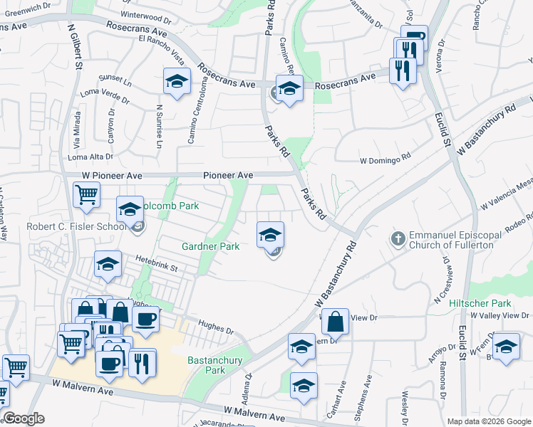 map of restaurants, bars, coffee shops, grocery stores, and more near 1353 Lukens Court in Fullerton