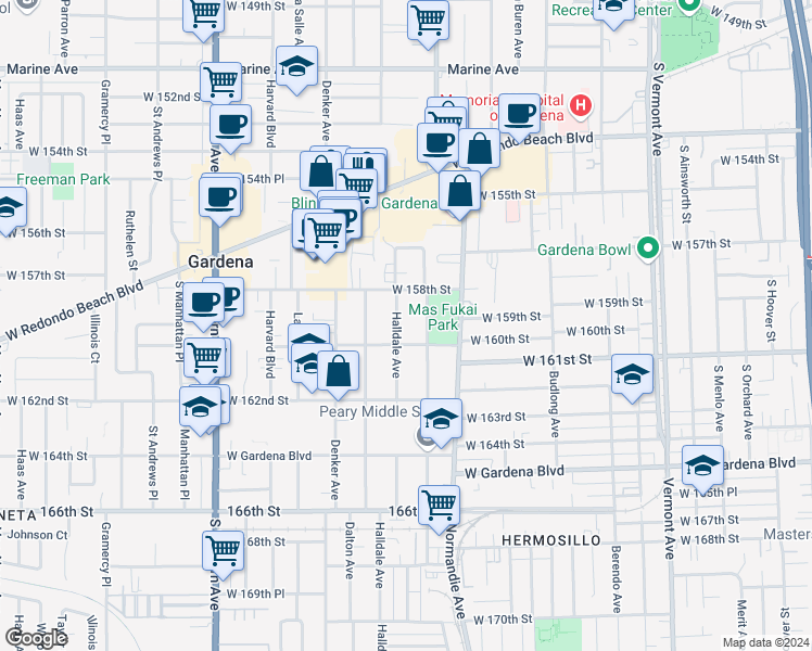 map of restaurants, bars, coffee shops, grocery stores, and more near 15916 Halldale Avenue in Gardena