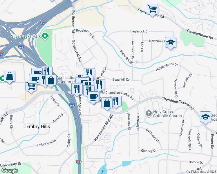 map of restaurants, bars, coffee shops, grocery stores, and more near 3544 Old Chamblee Tucker Road in Atlanta