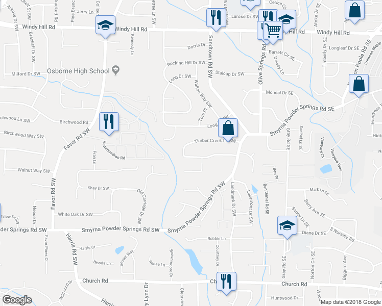 map of restaurants, bars, coffee shops, grocery stores, and more near 190 Timber Creek Lane Southwest in Marietta