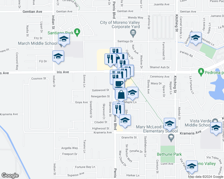 map of restaurants, bars, coffee shops, grocery stores, and more near 16136 Starview Street in Moreno Valley