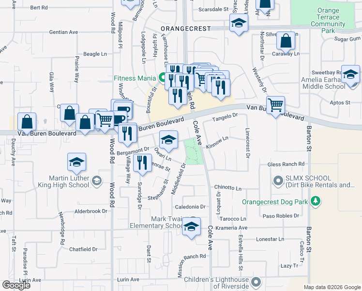 map of restaurants, bars, coffee shops, grocery stores, and more near 9109 Middlefield Drive in Riverside