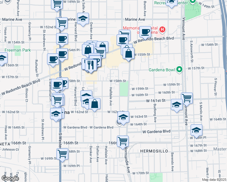 map of restaurants, bars, coffee shops, grocery stores, and more near 15916 Halldale Avenue in Gardena