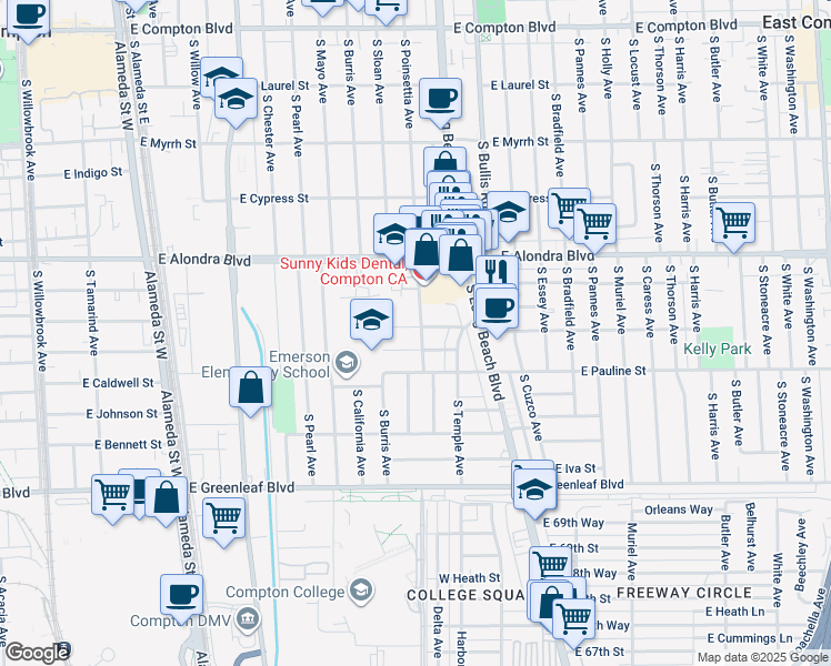 map of restaurants, bars, coffee shops, grocery stores, and more near 1212 East Marcelle Street in Compton