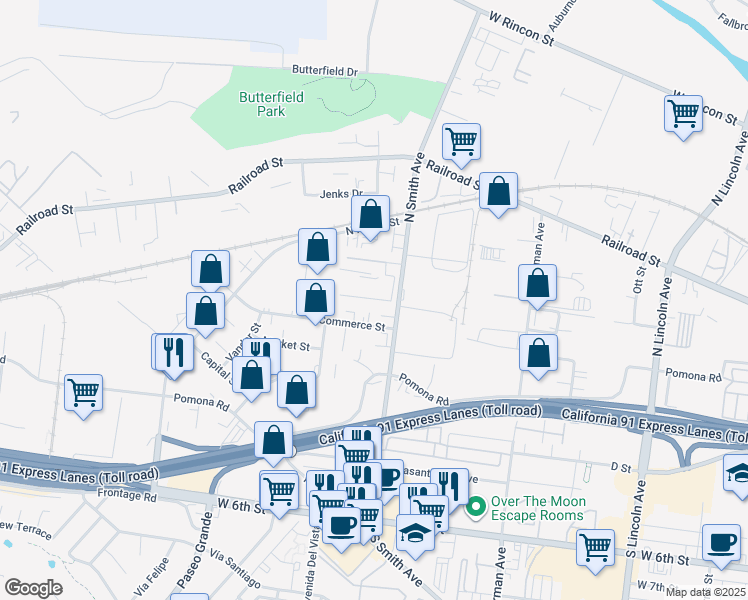 map of restaurants, bars, coffee shops, grocery stores, and more near 212 North Smith Avenue in Corona