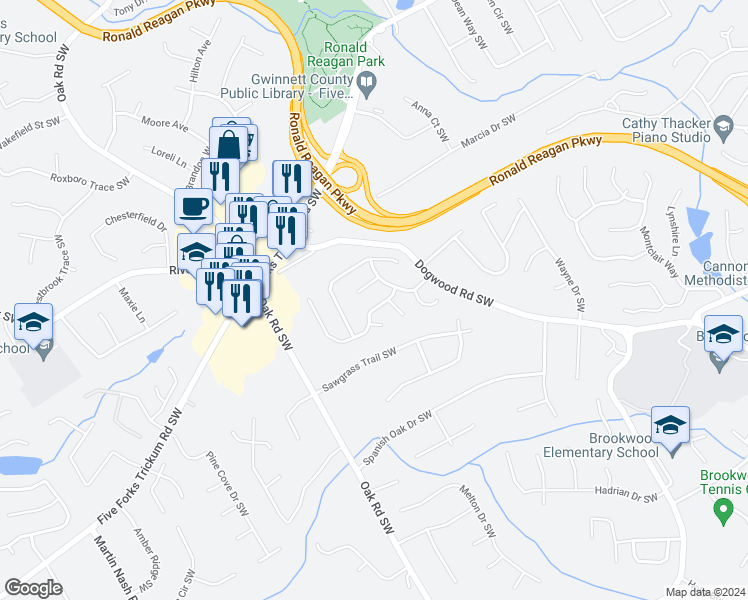 map of restaurants, bars, coffee shops, grocery stores, and more near 1180 Laurel Cove Drive in Snellville