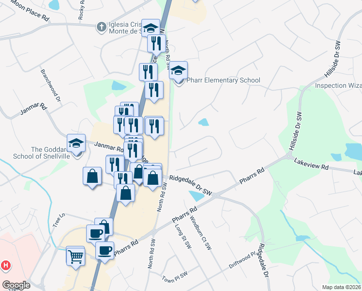 map of restaurants, bars, coffee shops, grocery stores, and more near 2115 Woodberry Run Drive in Snellville