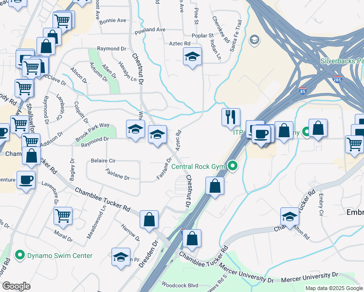 map of restaurants, bars, coffee shops, grocery stores, and more near 3373 Aztec Road in Doraville