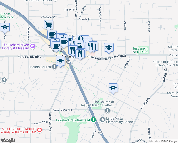 map of restaurants, bars, coffee shops, grocery stores, and more near 5156 Los Altos Drive in Yorba Linda
