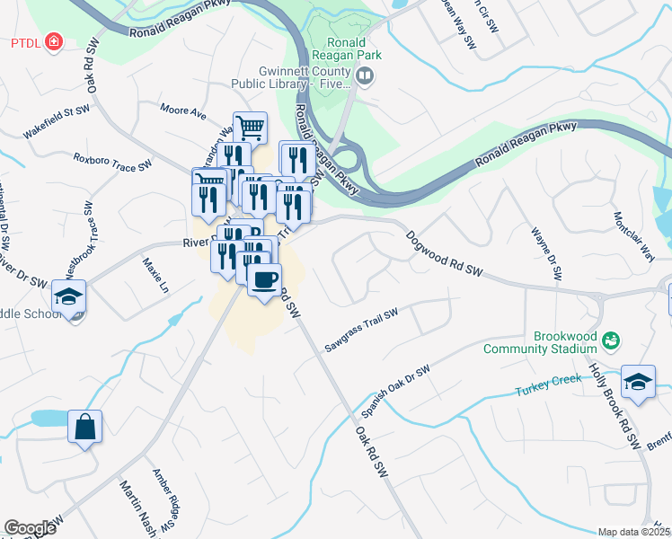 map of restaurants, bars, coffee shops, grocery stores, and more near 2923 Dominion Walk Lane in Snellville