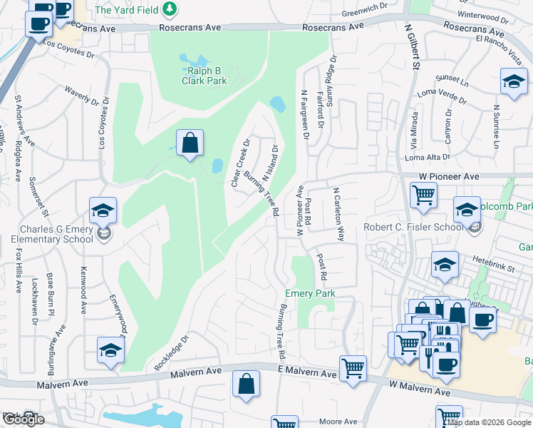 map of restaurants, bars, coffee shops, grocery stores, and more near 1607 North Camden Place in Fullerton