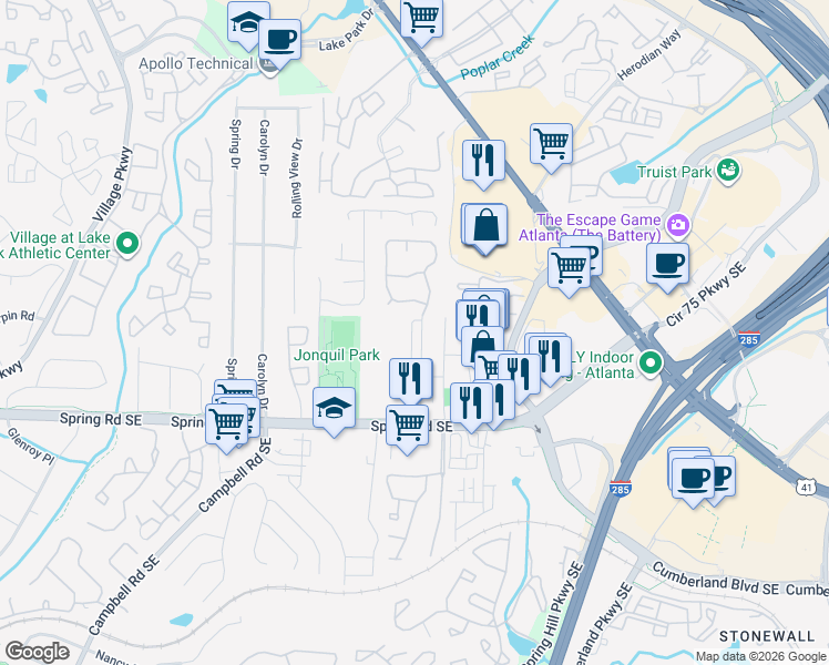 map of restaurants, bars, coffee shops, grocery stores, and more near 2720 Bell Drive Southeast in Smyrna