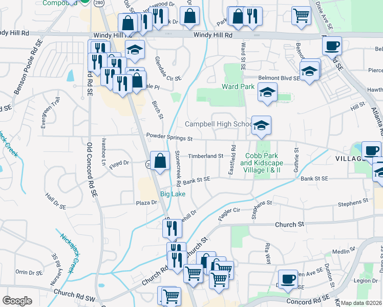 map of restaurants, bars, coffee shops, grocery stores, and more near 745 Timberland Street in Smyrna
