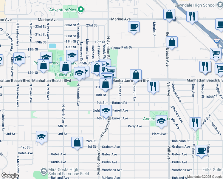 map of restaurants, bars, coffee shops, grocery stores, and more near 1061 North Aviation Boulevard in Redondo Beach