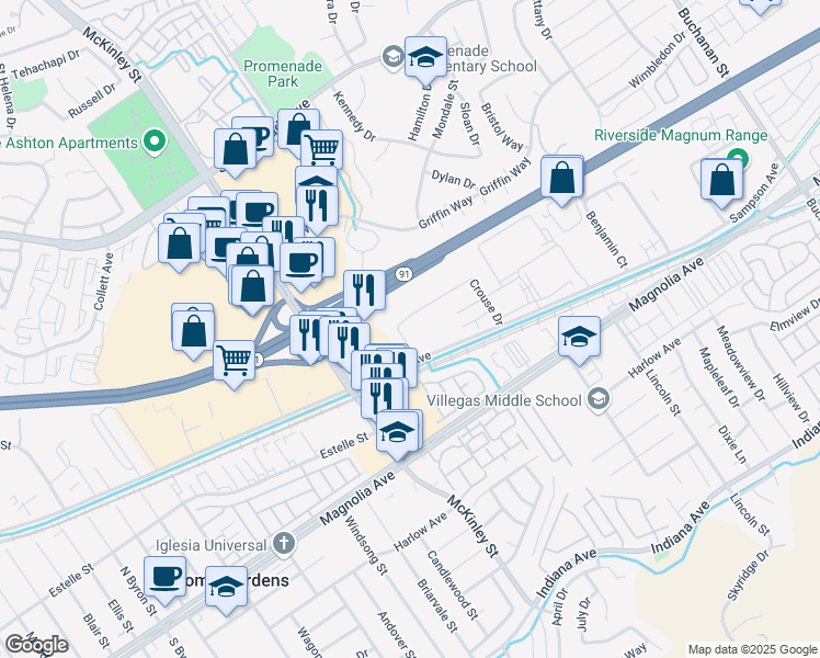 map of restaurants, bars, coffee shops, grocery stores, and more near 2375 Anselmo Dr in Corona