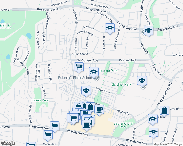 map of restaurants, bars, coffee shops, grocery stores, and more near 1391 Starbuck Street in Fullerton