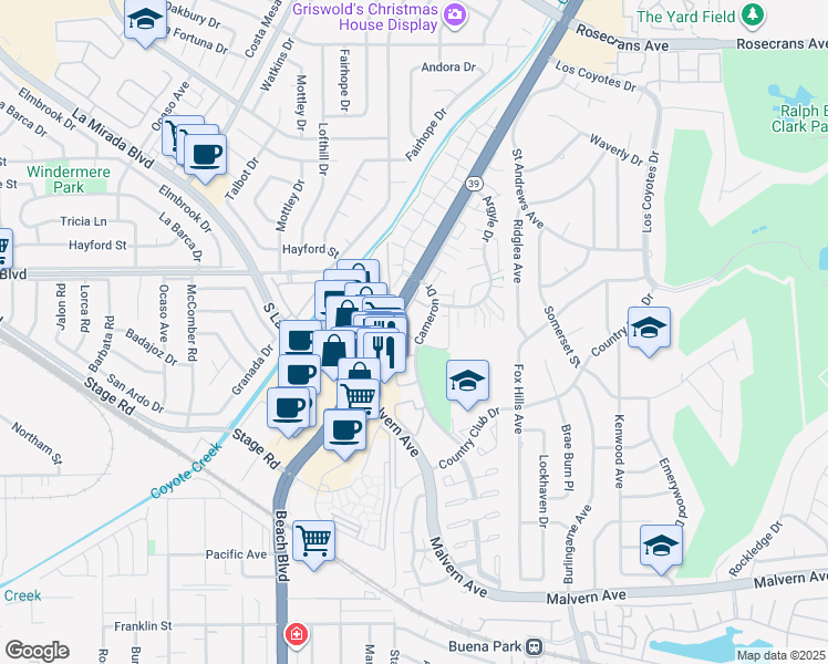 map of restaurants, bars, coffee shops, grocery stores, and more near 5535 Muir Drive in Buena Park