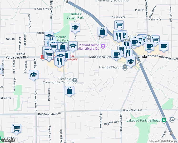 map of restaurants, bars, coffee shops, grocery stores, and more near 5141 Siesta Lane in Yorba Linda