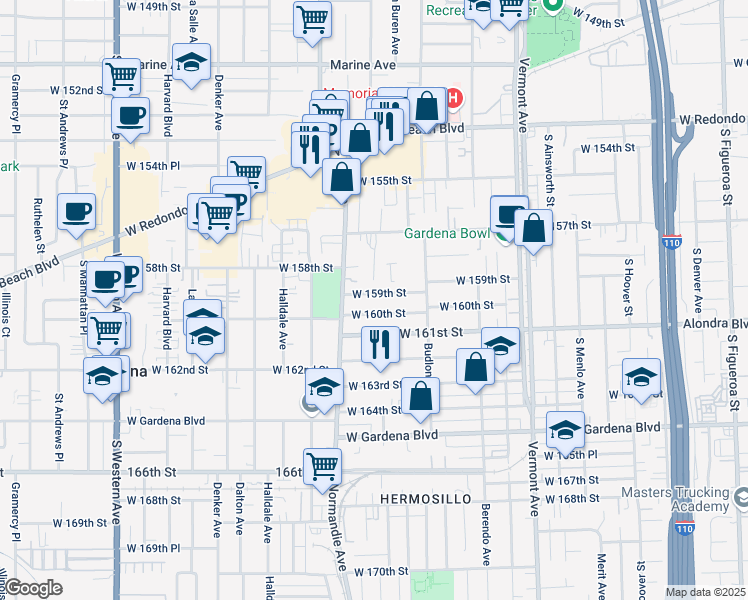 map of restaurants, bars, coffee shops, grocery stores, and more near 1245 West 159th Street in Gardena