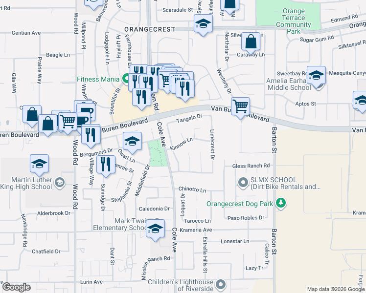 map of restaurants, bars, coffee shops, grocery stores, and more near 9094 Mandarin Lane in Riverside