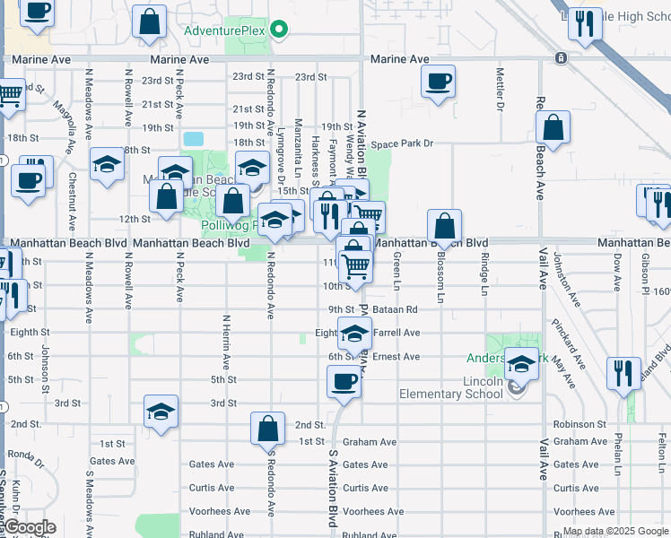 map of restaurants, bars, coffee shops, grocery stores, and more near 1822 11th Street in Manhattan Beach