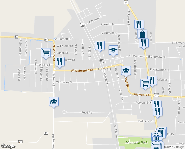 map of restaurants, bars, coffee shops, grocery stores, and more near 204 South Elm Street in Dumas
