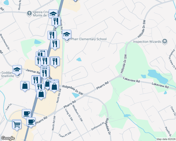 map of restaurants, bars, coffee shops, grocery stores, and more near 1875 Woodberry Run Drive in Snellville