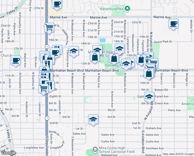 map of restaurants, bars, coffee shops, grocery stores, and more near 1460 11th Street in Manhattan Beach