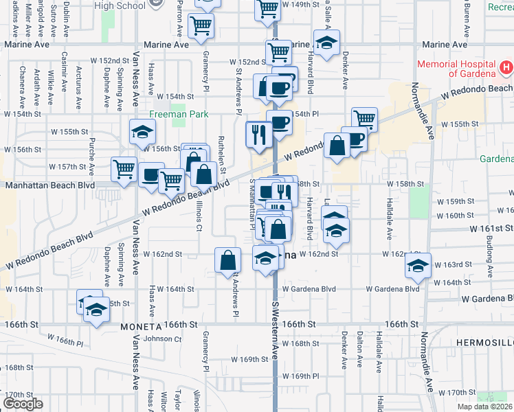 map of restaurants, bars, coffee shops, grocery stores, and more near 1847 West 159th Street in Gardena