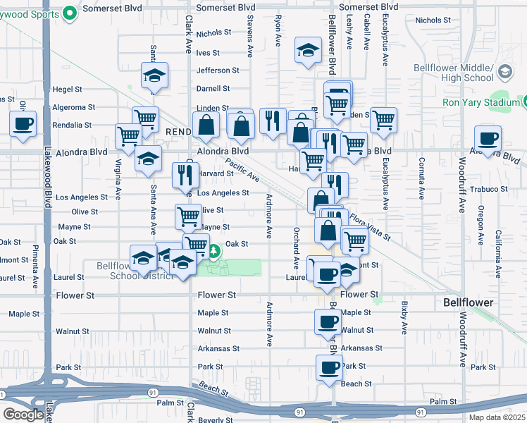 map of restaurants, bars, coffee shops, grocery stores, and more near Olive Street in Bellflower