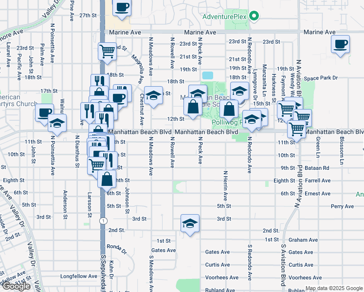 map of restaurants, bars, coffee shops, grocery stores, and more near 1420 11th St in Manhattan Beach
