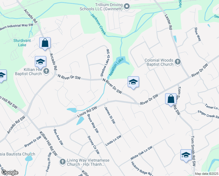 map of restaurants, bars, coffee shops, grocery stores, and more near 312 North River Drive Southwest in Lilburn