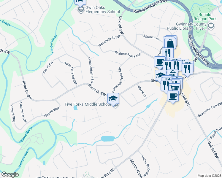 map of restaurants, bars, coffee shops, grocery stores, and more near 3253 Westbrook Trace Southwest in Lawrenceville