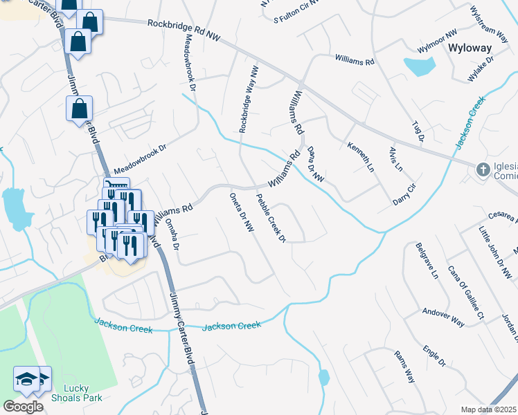 map of restaurants, bars, coffee shops, grocery stores, and more near 772 Pebble Creek Drive in Norcross