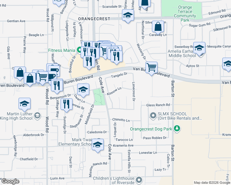 map of restaurants, bars, coffee shops, grocery stores, and more near 9094 Mandarin Lane in Riverside