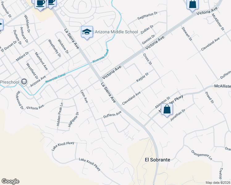 map of restaurants, bars, coffee shops, grocery stores, and more near 11081 Kayjay Street in Riverside