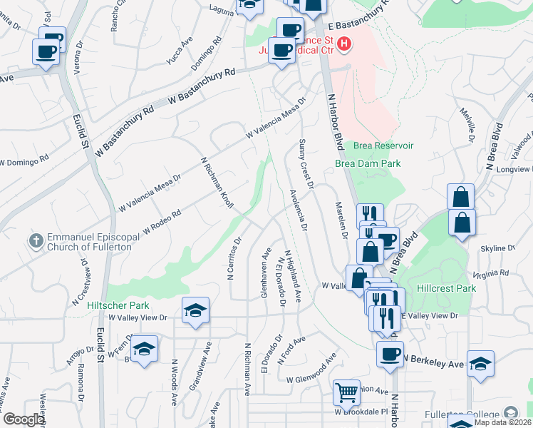 map of restaurants, bars, coffee shops, grocery stores, and more near 1205 North Richman Avenue in Fullerton