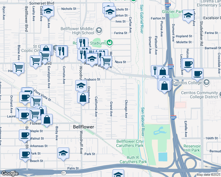 map of restaurants, bars, coffee shops, grocery stores, and more near 16237 Grand Avenue in Bellflower