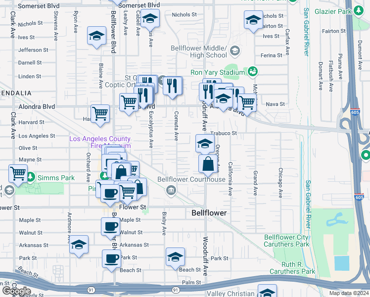 map of restaurants, bars, coffee shops, grocery stores, and more near 16232 Cornuta Avenue in Bellflower