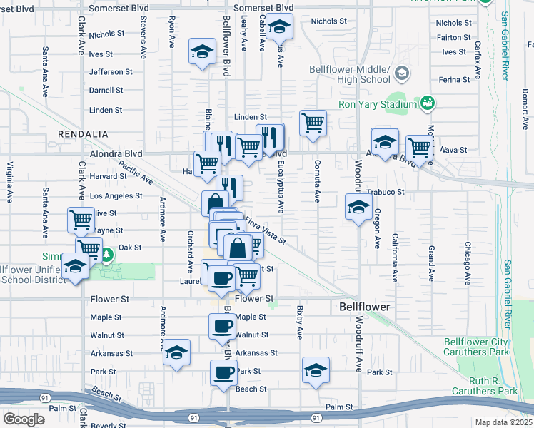 map of restaurants, bars, coffee shops, grocery stores, and more near 16231 Eucalyptus Avenue in Bellflower