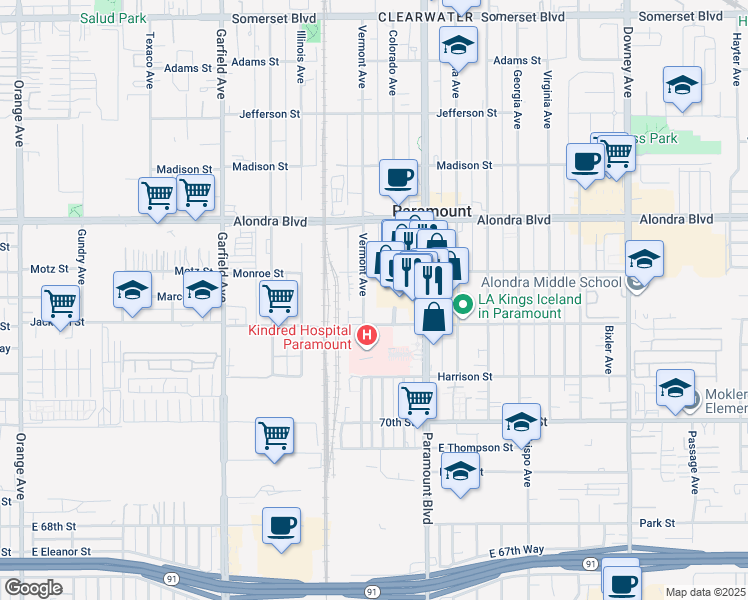 map of restaurants, bars, coffee shops, grocery stores, and more near 16233 Vermont Avenue in Paramount