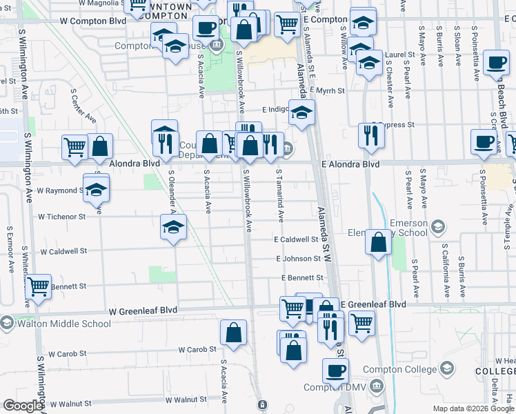 map of restaurants, bars, coffee shops, grocery stores, and more near 118 East Reeve Street in Compton