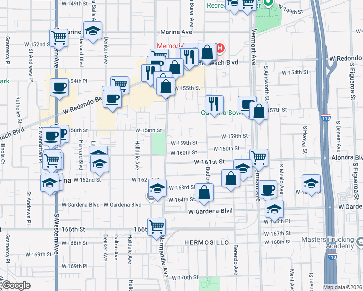 map of restaurants, bars, coffee shops, grocery stores, and more near 1245 West 159th Street in Gardena