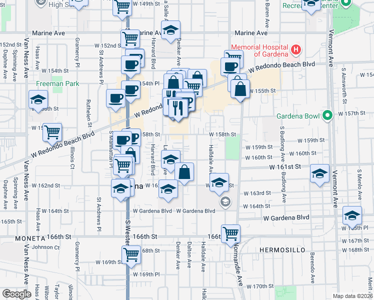 map of restaurants, bars, coffee shops, grocery stores, and more near 15903 Dalton Avenue in Gardena